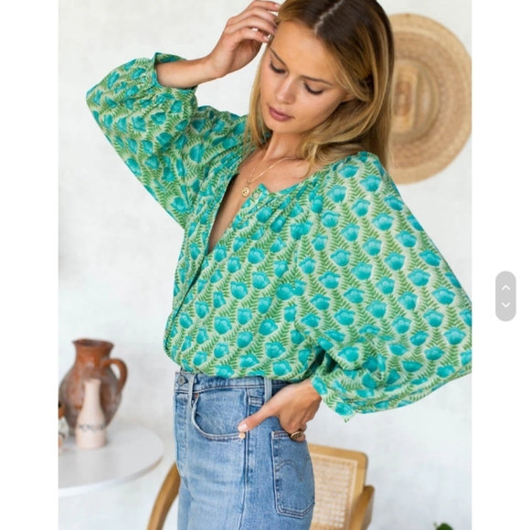Emerson Fry India Collection Frances Blouse Organic Cotton Block Printed M - Picture 15 of 15